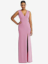 Front View Thumbnail - Powder Pink Deep V-Neck Closed Back Crepe Trumpet Gown with Front Slit
