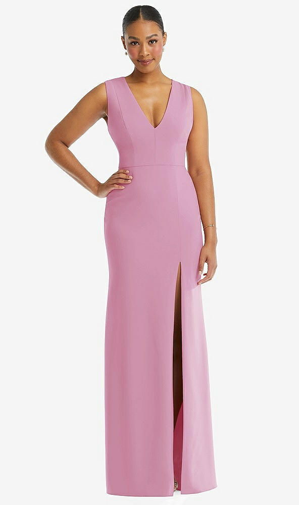 Front View - Powder Pink Deep V-Neck Closed Back Crepe Trumpet Gown with Front Slit