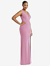Side View Thumbnail - Powder Pink Deep V-Neck Closed Back Crepe Trumpet Gown with Front Slit
