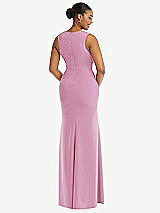 Rear View Thumbnail - Powder Pink Deep V-Neck Closed Back Crepe Trumpet Gown with Front Slit