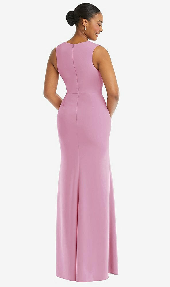 Back View - Powder Pink Deep V-Neck Closed Back Crepe Trumpet Gown with Front Slit