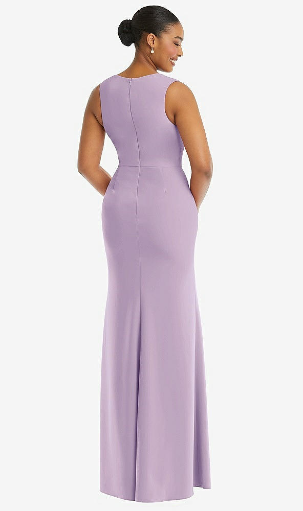 Back View - Pale Purple Deep V-Neck Closed Back Crepe Trumpet Gown with Front Slit