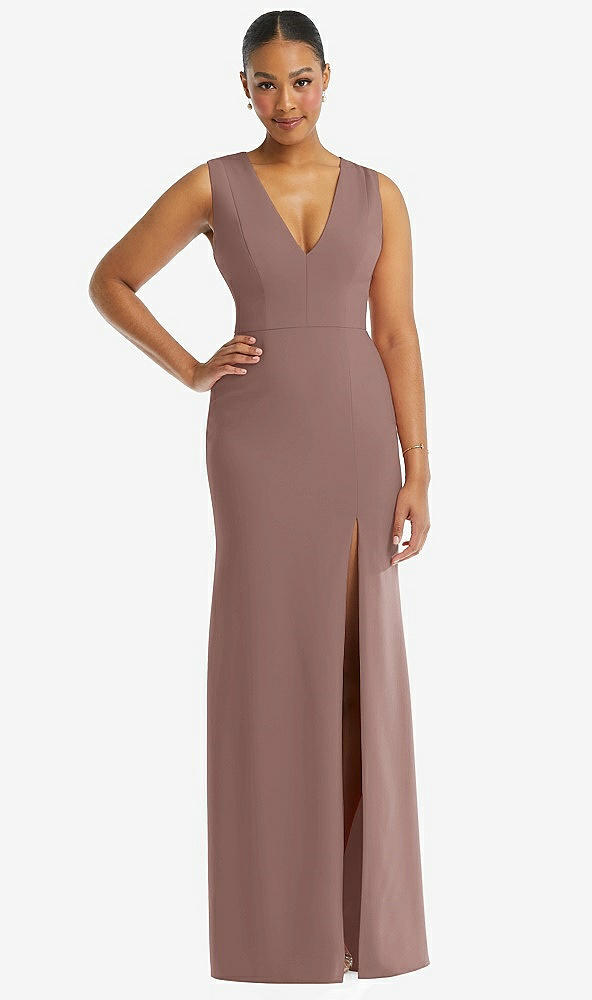 Front View - Sienna Deep V-Neck Closed Back Crepe Trumpet Gown with Front Slit