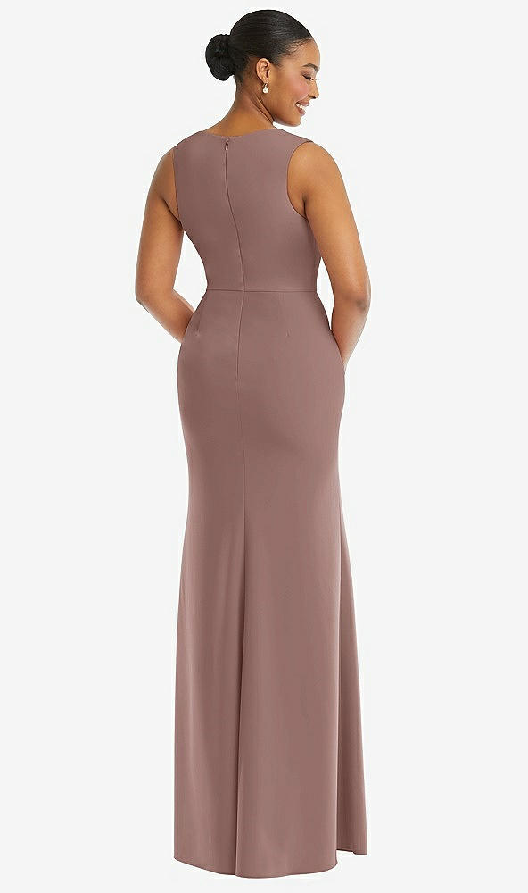 Back View - Sienna Deep V-Neck Closed Back Crepe Trumpet Gown with Front Slit