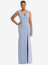 Front View Thumbnail - Sky Blue Deep V-Neck Closed Back Crepe Trumpet Gown with Front Slit