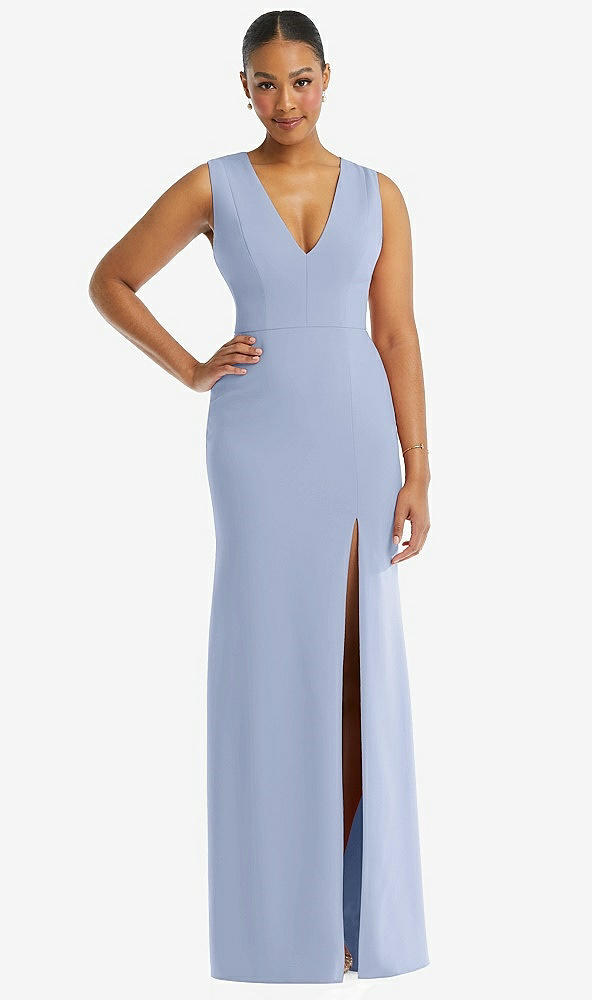 Front View - Sky Blue Deep V-Neck Closed Back Crepe Trumpet Gown with Front Slit