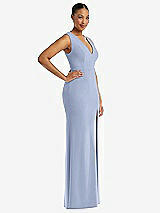 Side View Thumbnail - Sky Blue Deep V-Neck Closed Back Crepe Trumpet Gown with Front Slit
