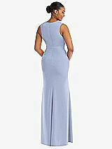 Rear View Thumbnail - Sky Blue Deep V-Neck Closed Back Crepe Trumpet Gown with Front Slit