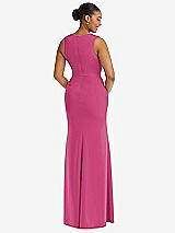 Rear View Thumbnail - Tea Rose Deep V-Neck Closed Back Crepe Trumpet Gown with Front Slit