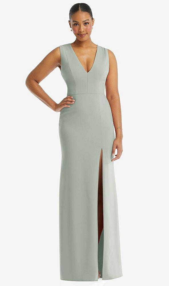 Front View - Willow Green Deep V-Neck Closed Back Crepe Trumpet Gown with Front Slit