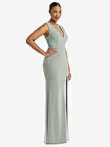 Side View Thumbnail - Willow Green Deep V-Neck Closed Back Crepe Trumpet Gown with Front Slit
