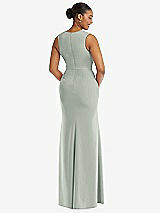 Rear View Thumbnail - Willow Green Deep V-Neck Closed Back Crepe Trumpet Gown with Front Slit