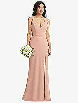 Alt View 1 Thumbnail - Pale Peach Skinny Strap Deep V-Neck Crepe Trumpet Gown with Front Slit