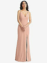 Front View Thumbnail - Pale Peach Skinny Strap Deep V-Neck Crepe Trumpet Gown with Front Slit