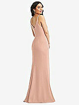 Rear View Thumbnail - Pale Peach Skinny Strap Deep V-Neck Crepe Trumpet Gown with Front Slit