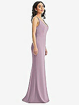 Side View Thumbnail - Suede Rose Skinny Strap Deep V-Neck Crepe Trumpet Gown with Front Slit