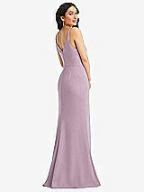 Rear View Thumbnail - Suede Rose Skinny Strap Deep V-Neck Crepe Trumpet Gown with Front Slit