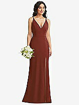 Alt View 1 Thumbnail - Auburn Moon Skinny Strap Deep V-Neck Crepe Trumpet Gown with Front Slit