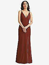 Front View Thumbnail - Auburn Moon Skinny Strap Deep V-Neck Crepe Trumpet Gown with Front Slit