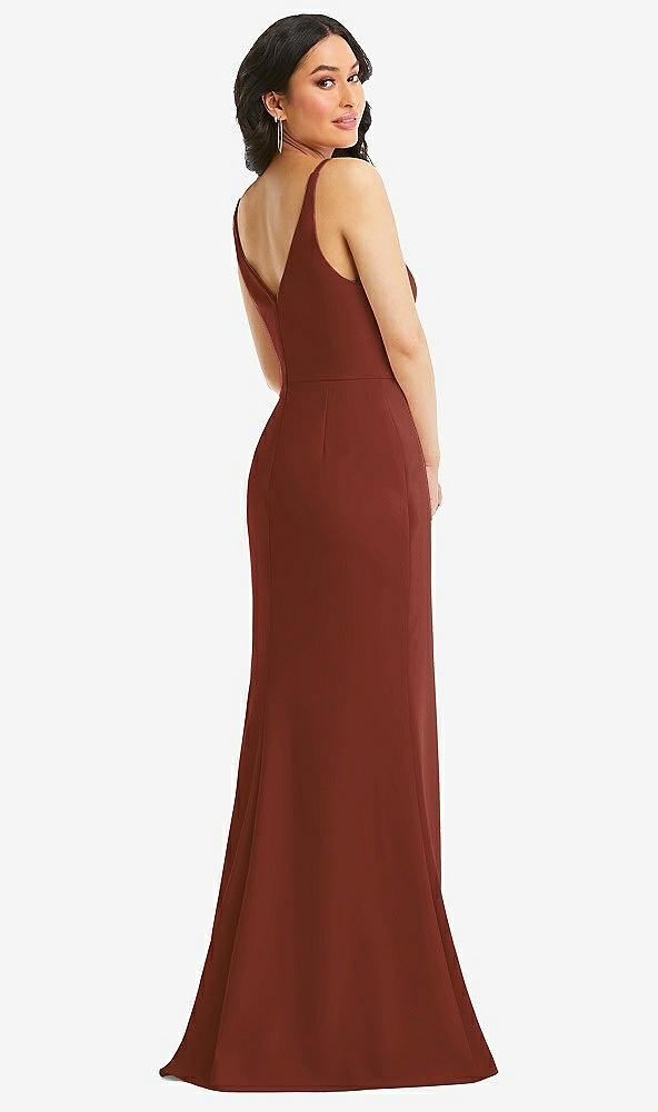 Back View - Auburn Moon Skinny Strap Deep V-Neck Crepe Trumpet Gown with Front Slit
