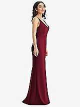 Side View Thumbnail - Burgundy Skinny Strap Deep V-Neck Crepe Trumpet Gown with Front Slit