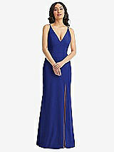 Front View Thumbnail - Cobalt Blue Skinny Strap Deep V-Neck Crepe Trumpet Gown with Front Slit