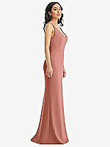 Side View Thumbnail - Desert Rose Skinny Strap Deep V-Neck Crepe Trumpet Gown with Front Slit