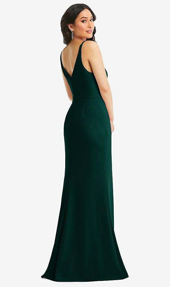 Back View - Evergreen Skinny Strap Deep V-Neck Crepe Trumpet Gown with Front Slit