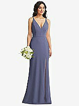 Alt View 1 Thumbnail - French Blue Skinny Strap Deep V-Neck Crepe Trumpet Gown with Front Slit