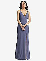 Front View Thumbnail - French Blue Skinny Strap Deep V-Neck Crepe Trumpet Gown with Front Slit