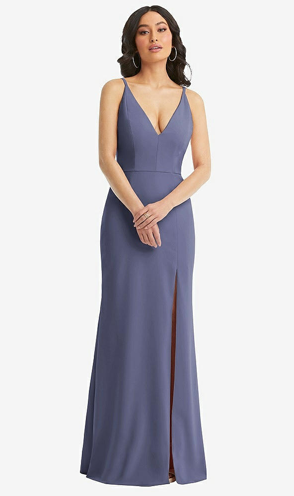 Front View - French Blue Skinny Strap Deep V-Neck Crepe Trumpet Gown with Front Slit