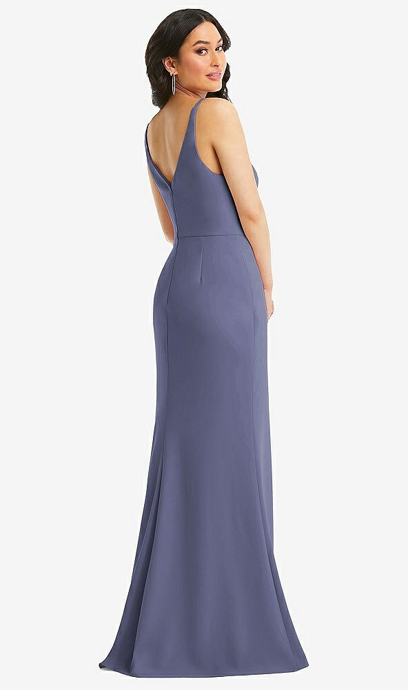 Back View - French Blue Skinny Strap Deep V-Neck Crepe Trumpet Gown with Front Slit