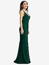 Side View Thumbnail - Hunter Green Skinny Strap Deep V-Neck Crepe Trumpet Gown with Front Slit