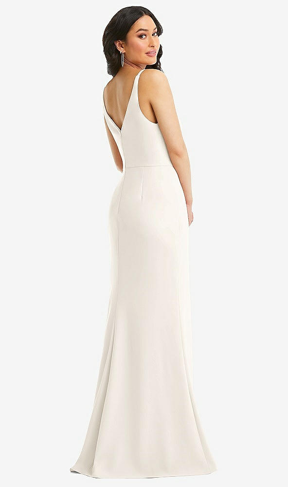 Back View - Ivory Skinny Strap Deep V-Neck Crepe Trumpet Gown with Front Slit