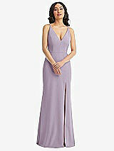 Front View Thumbnail - Lilac Haze Skinny Strap Deep V-Neck Crepe Trumpet Gown with Front Slit