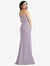 Rear View Thumbnail - Lilac Haze Skinny Strap Deep V-Neck Crepe Trumpet Gown with Front Slit