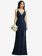 Alt View 1 Thumbnail - Midnight Navy Skinny Strap Deep V-Neck Crepe Trumpet Gown with Front Slit