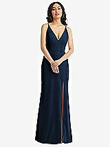 Front View Thumbnail - Midnight Navy Skinny Strap Deep V-Neck Crepe Trumpet Gown with Front Slit