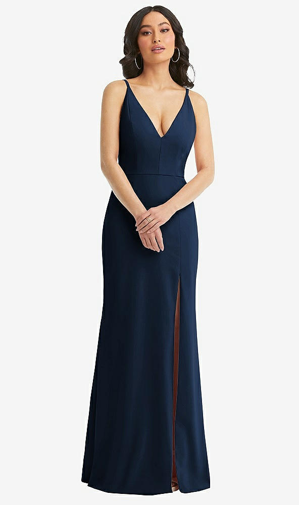 Front View - Midnight Navy Skinny Strap Deep V-Neck Crepe Trumpet Gown with Front Slit