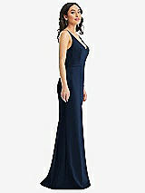 Side View Thumbnail - Midnight Navy Skinny Strap Deep V-Neck Crepe Trumpet Gown with Front Slit