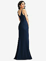 Rear View Thumbnail - Midnight Navy Skinny Strap Deep V-Neck Crepe Trumpet Gown with Front Slit