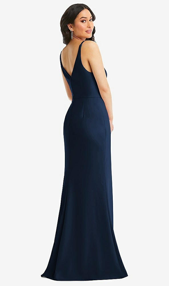 Back View - Midnight Navy Skinny Strap Deep V-Neck Crepe Trumpet Gown with Front Slit