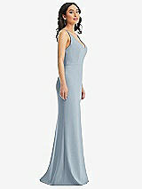 Side View Thumbnail - Mist Skinny Strap Deep V-Neck Crepe Trumpet Gown with Front Slit