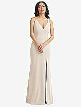 Front View Thumbnail - Oat Skinny Strap Deep V-Neck Crepe Trumpet Gown with Front Slit