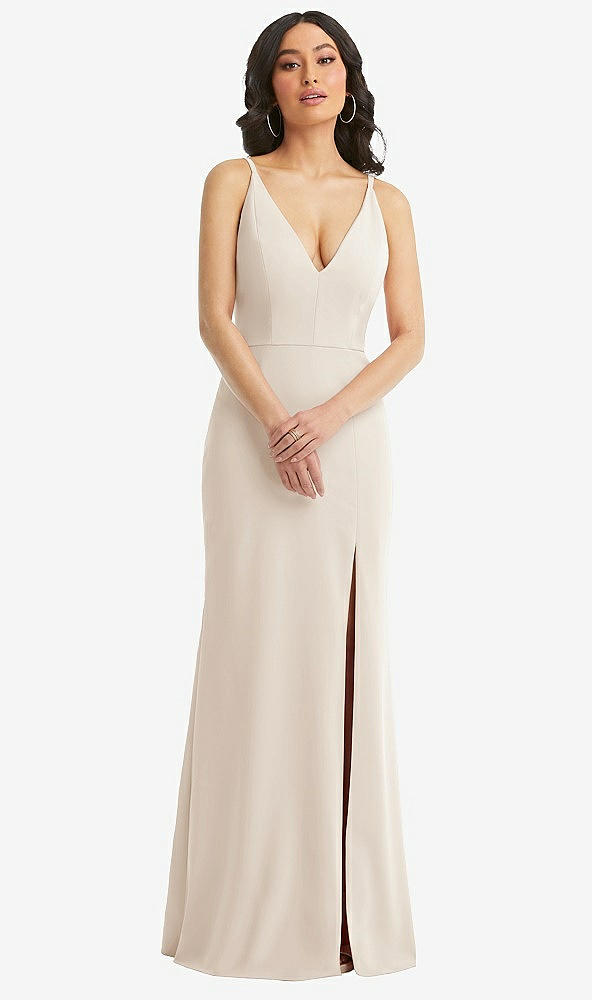 Front View - Oat Skinny Strap Deep V-Neck Crepe Trumpet Gown with Front Slit