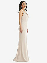 Side View Thumbnail - Oat Skinny Strap Deep V-Neck Crepe Trumpet Gown with Front Slit