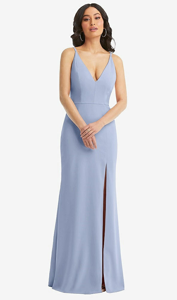 Front View - Sky Blue Skinny Strap Deep V-Neck Crepe Trumpet Gown with Front Slit