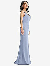 Side View Thumbnail - Sky Blue Skinny Strap Deep V-Neck Crepe Trumpet Gown with Front Slit