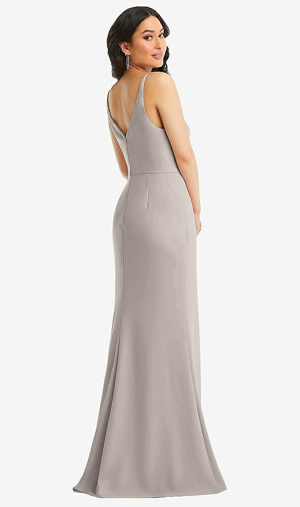 Back View - Taupe Skinny Strap Deep V-Neck Crepe Trumpet Gown with Front Slit