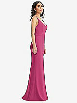 Side View Thumbnail - Tea Rose Skinny Strap Deep V-Neck Crepe Trumpet Gown with Front Slit